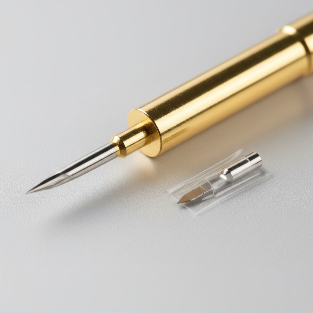 Close-up of a fine-point cutting blade and gold housing beside a replacement blade