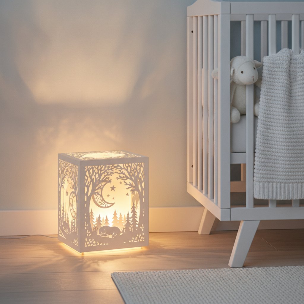 A glowing layered papercut shadow box nightlight beside a baby crib casting a soft warm glow