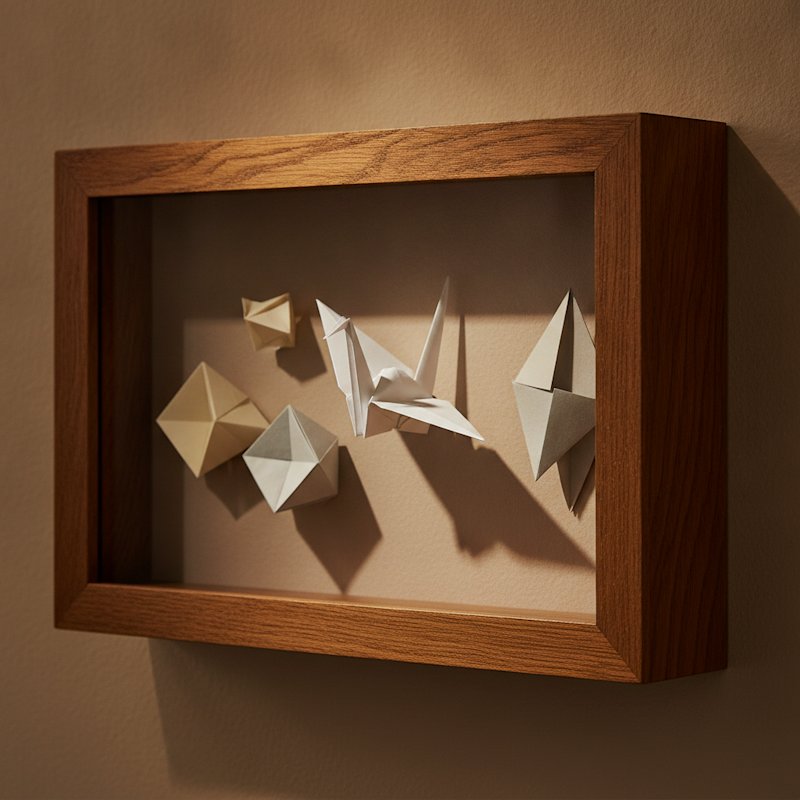 Origami paper crane and folded geometric art in a deep wooden shadow box