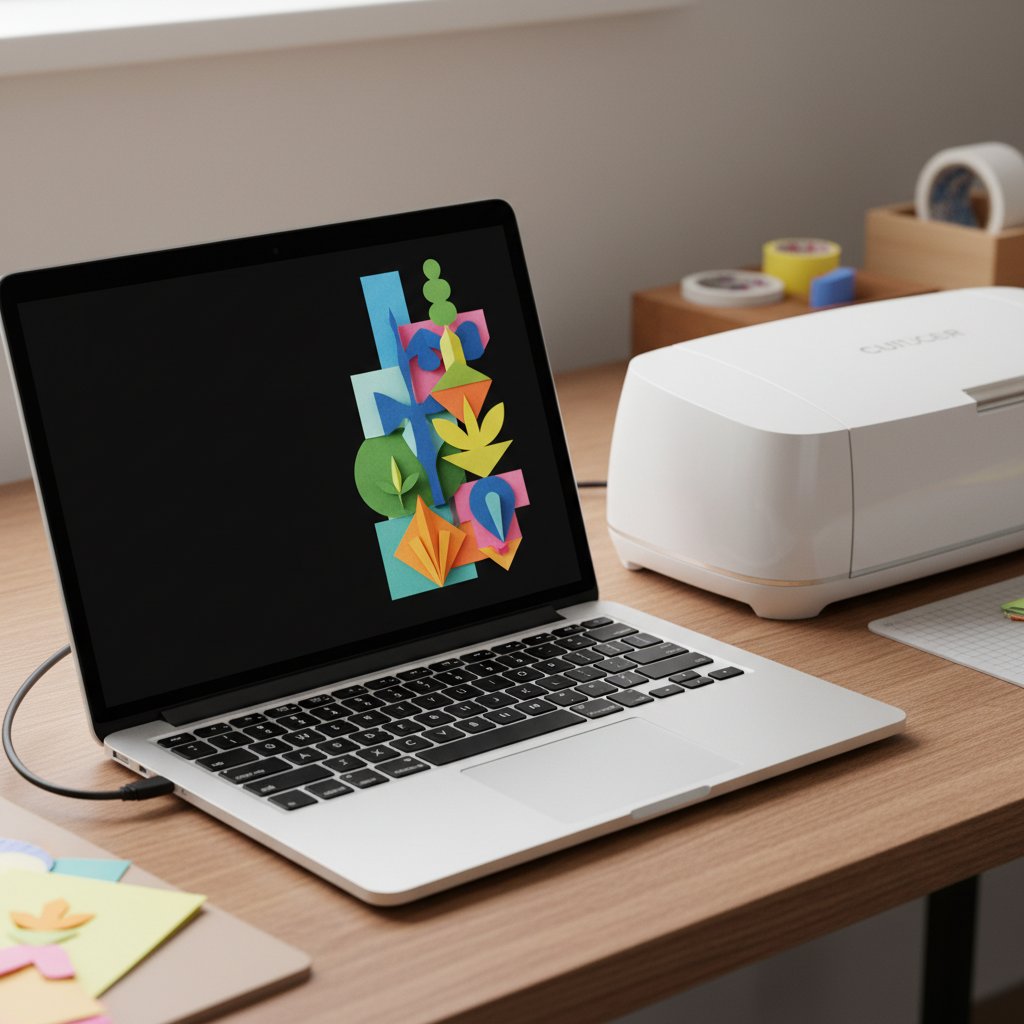 A laptop on a craft desk beside a cutting machine showing colorful abstract layered paper-craft shapes on a dark design workspace