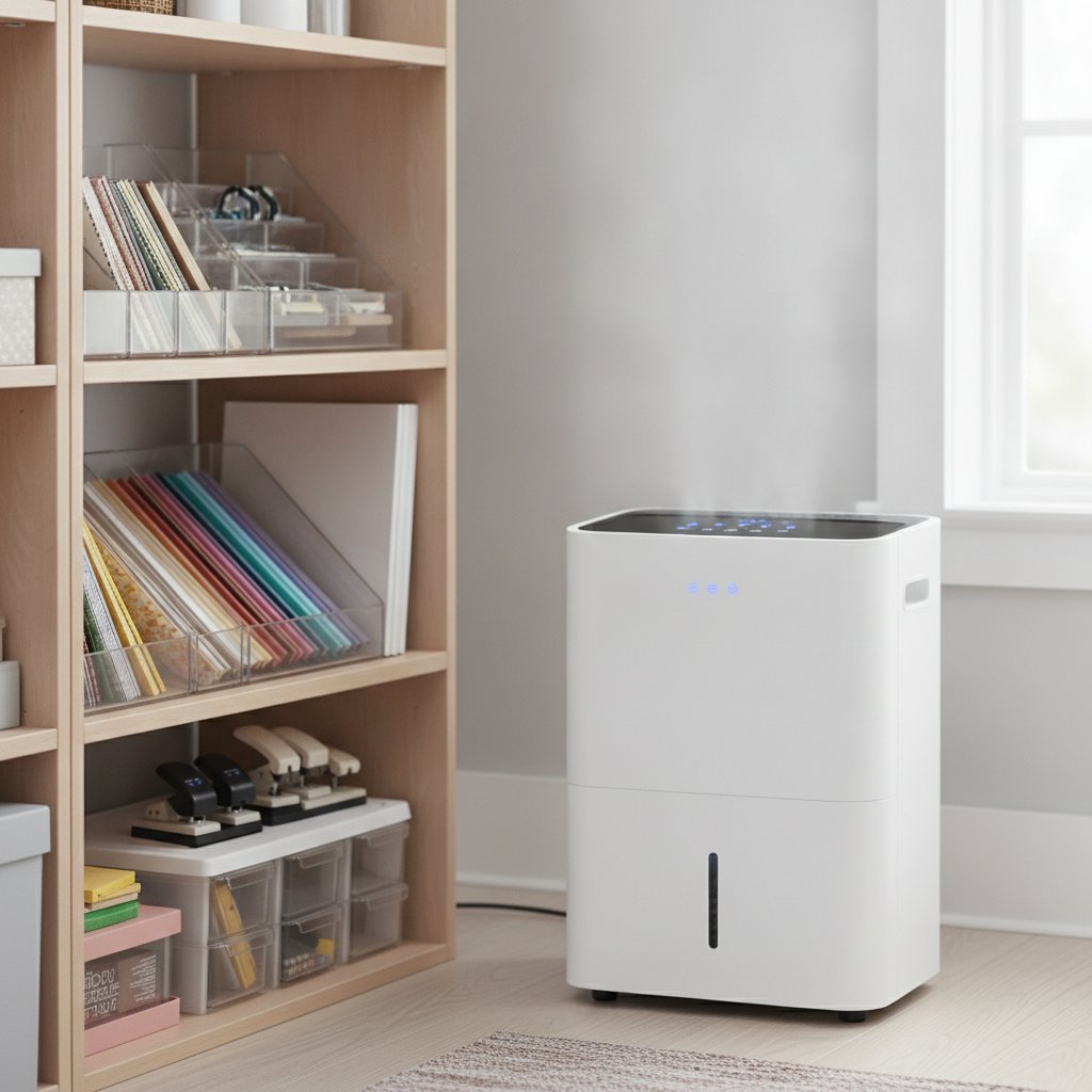 A compact white dehumidifier running in the corner of a tidy craft room beside shelves of stored cardstock