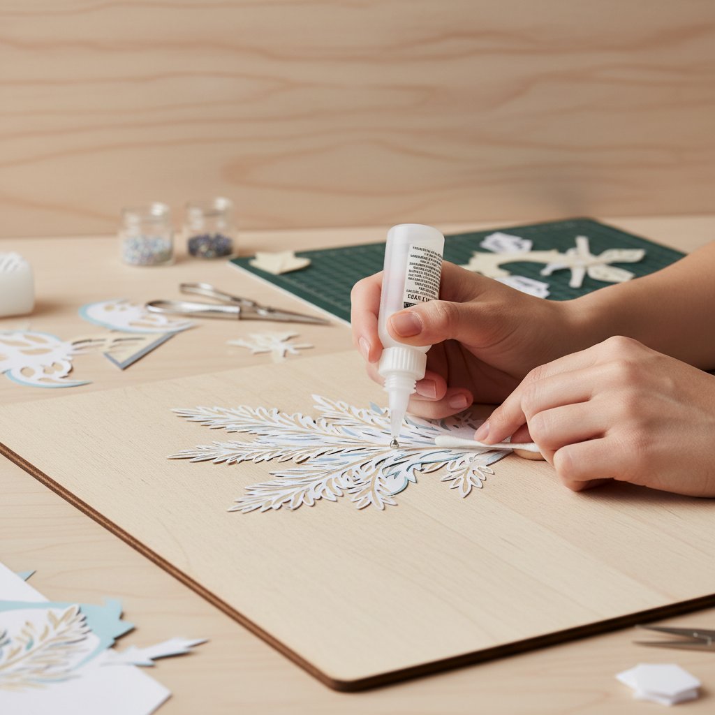 Applying fine-tip craft glue to a paper-cut layer and cleaning excess adhesive