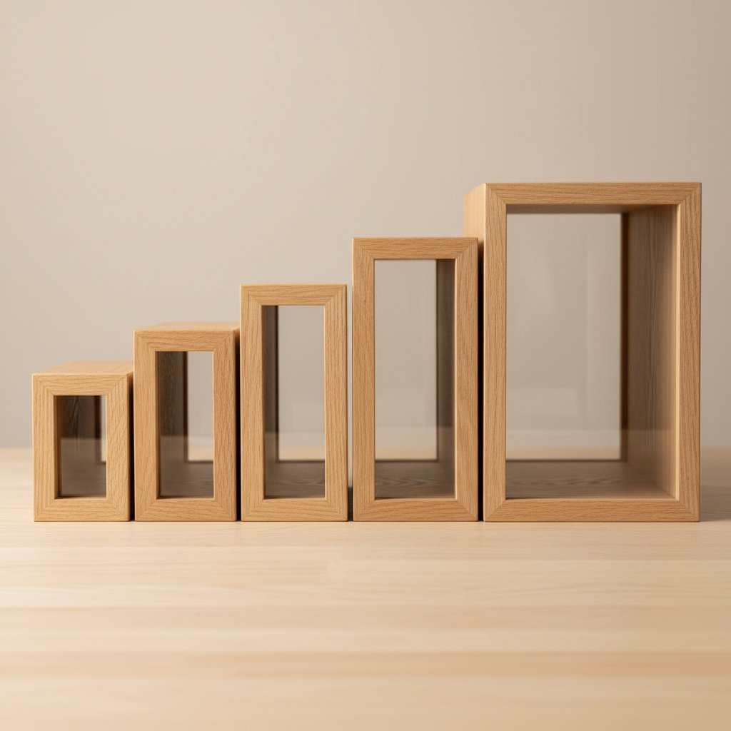 Row of empty shadow box frames in graduated depths from shallow to deep in side profile