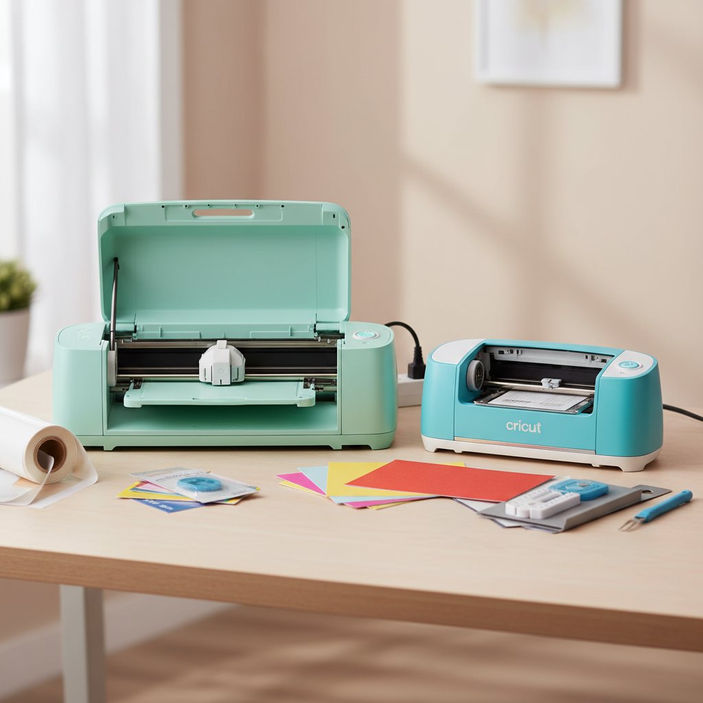 Two different Cricut cutting machines side by side on a craft desk showing model compatibility