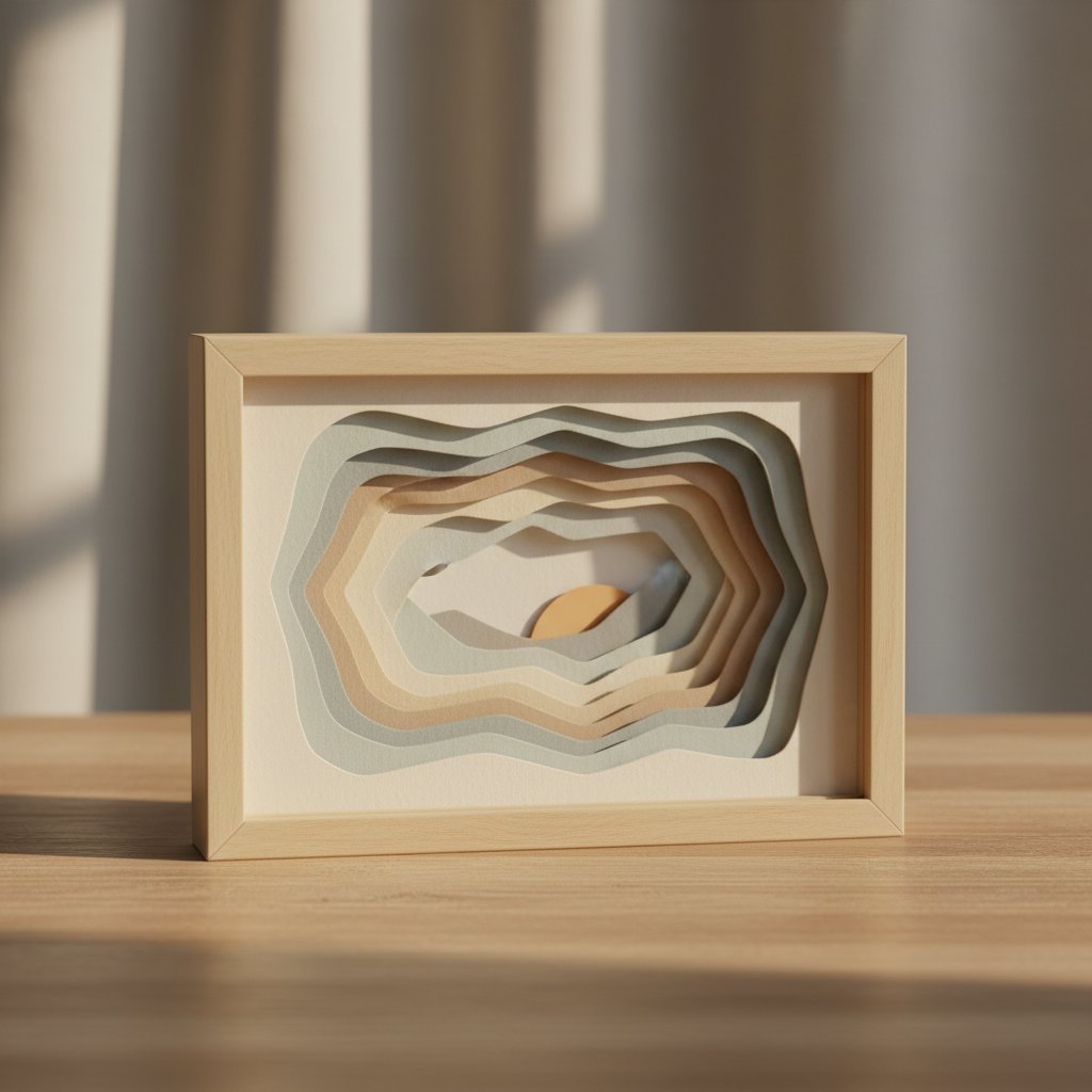 Finished layered paper-cut shadow box beginner project on a wooden table