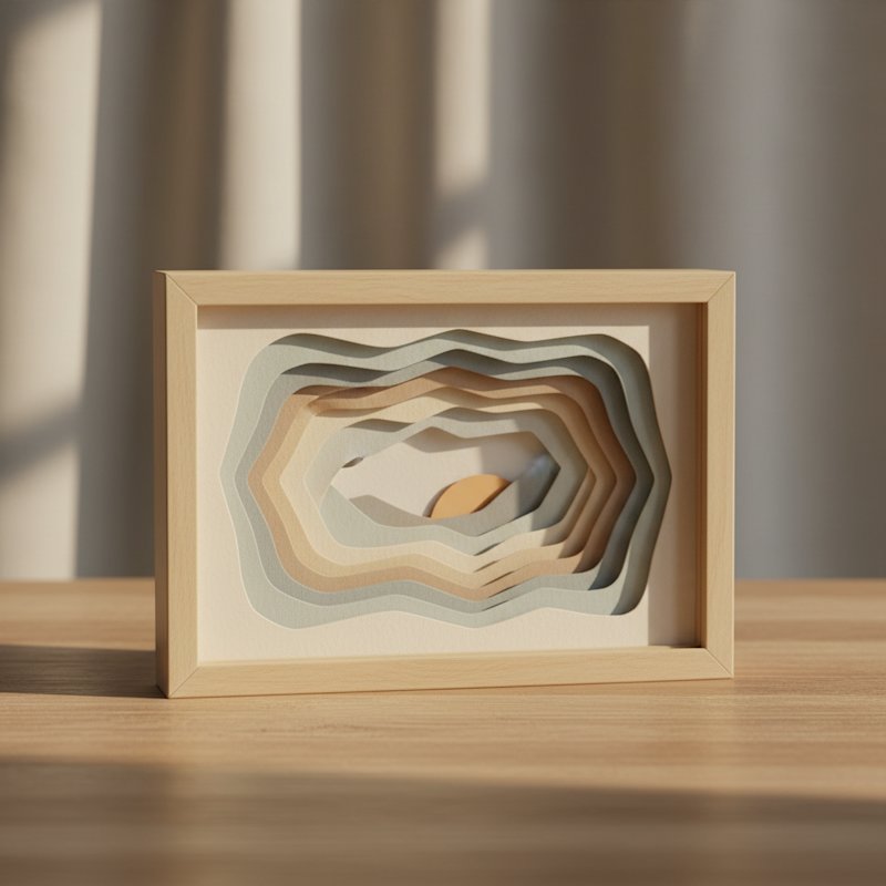 Finished layered paper-cut shadow box beginner project on a wooden table