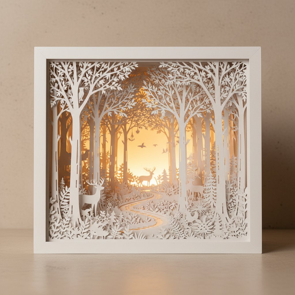 A deep multi-layer paper-cut shadow box lit from within showing dramatic dimensional depth and warm backlighting between layers