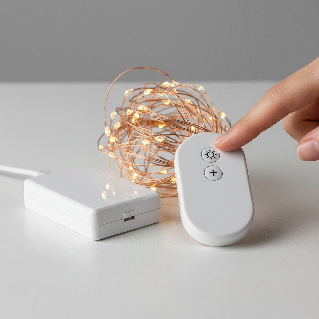 A small LED light remote control beside a battery pack with fairy lights, finger pressing a brightness button