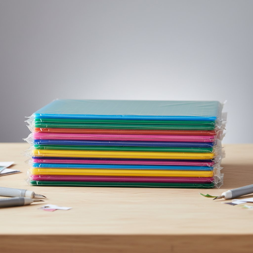 A neat stack of several budget off-brand colored cutting mats in plastic sleeves on a craft table