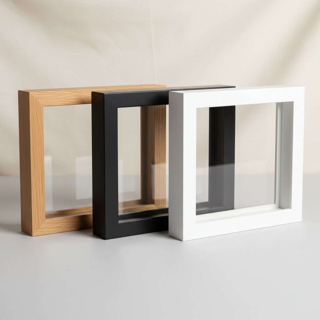 Empty shadow box frames in natural wood, matte black and white finishes compared side by side