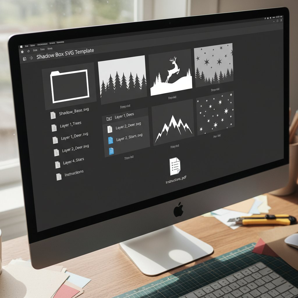 Computer desktop showing unzipped shadow box SVG template folder with organized files including SVG files, preview images, and PDF instructions