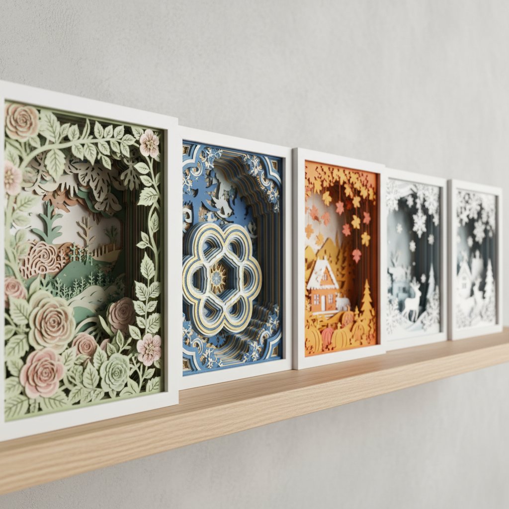 Several finished layered paper-cut shadow boxes of different themes lined up on a shelf