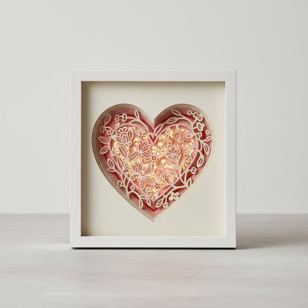 Heart-shaped layered paper-cut shadow box glowing softly with warm backlight