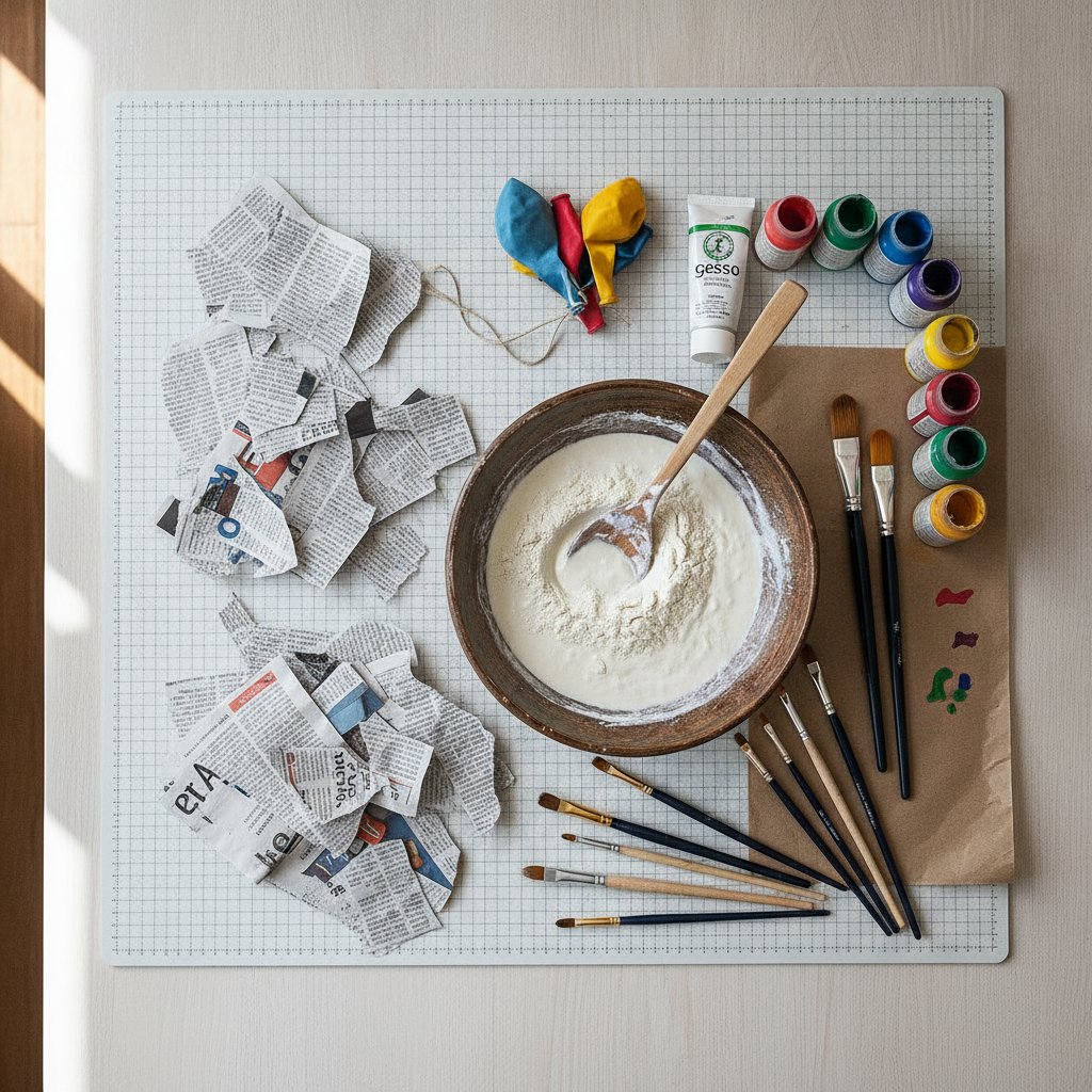 Paper mache essential supplies: newspaper torn into strips, white flour paste in a bowl, uninflated balloons, paintbrushes of various sizes, white gesso primer, and colorful acrylic paint bottles