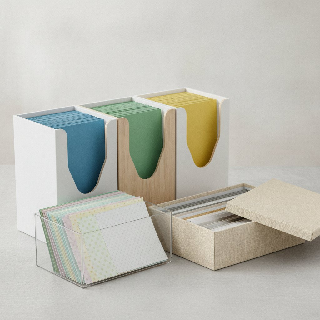An array of cardstock storage containers including clear plastic bins, vertical magazine holders and a flat box holding twelve-inch cardstock sheets