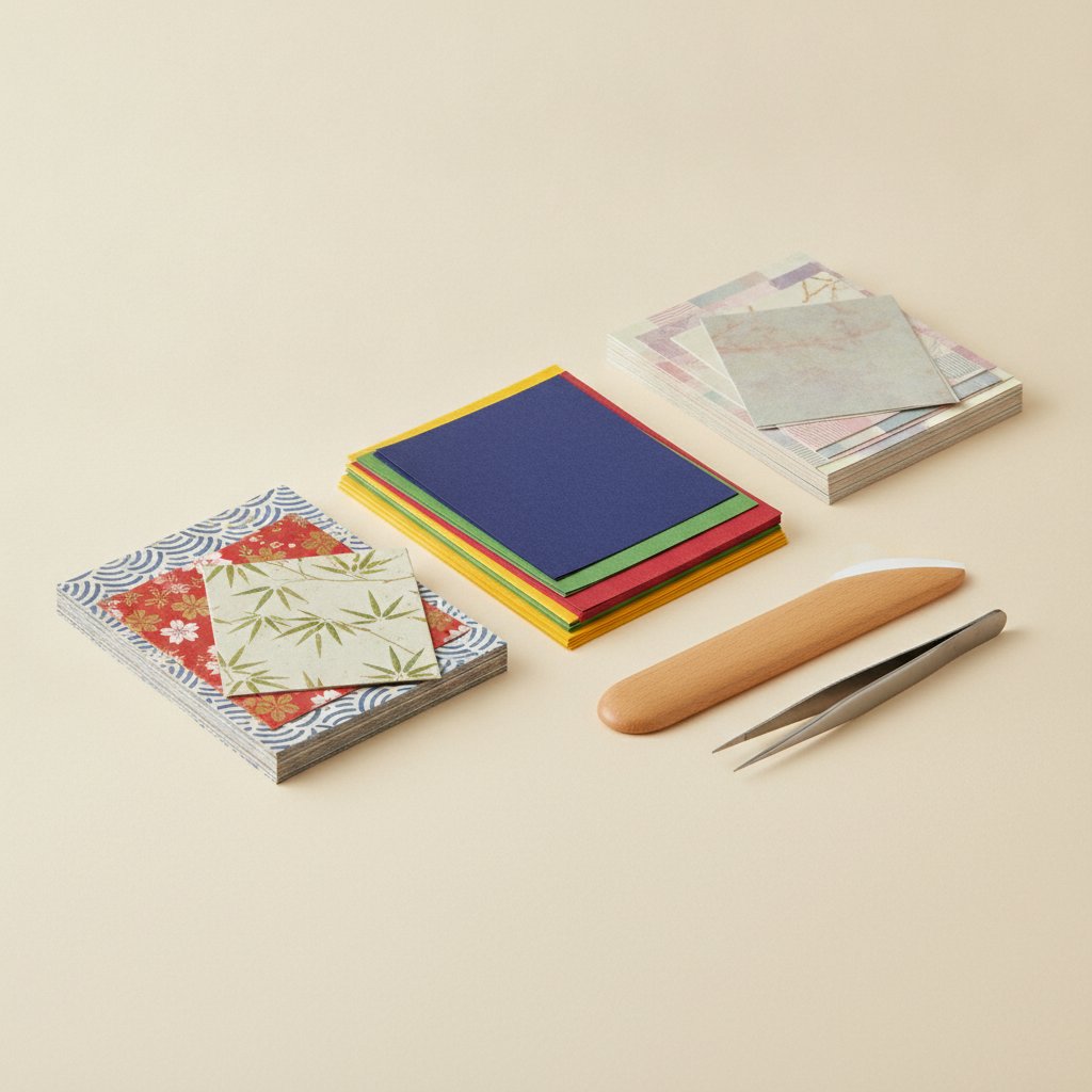 Neat stacks of square origami paper sheets in washi and solid colors beside a bone folder and tweezers