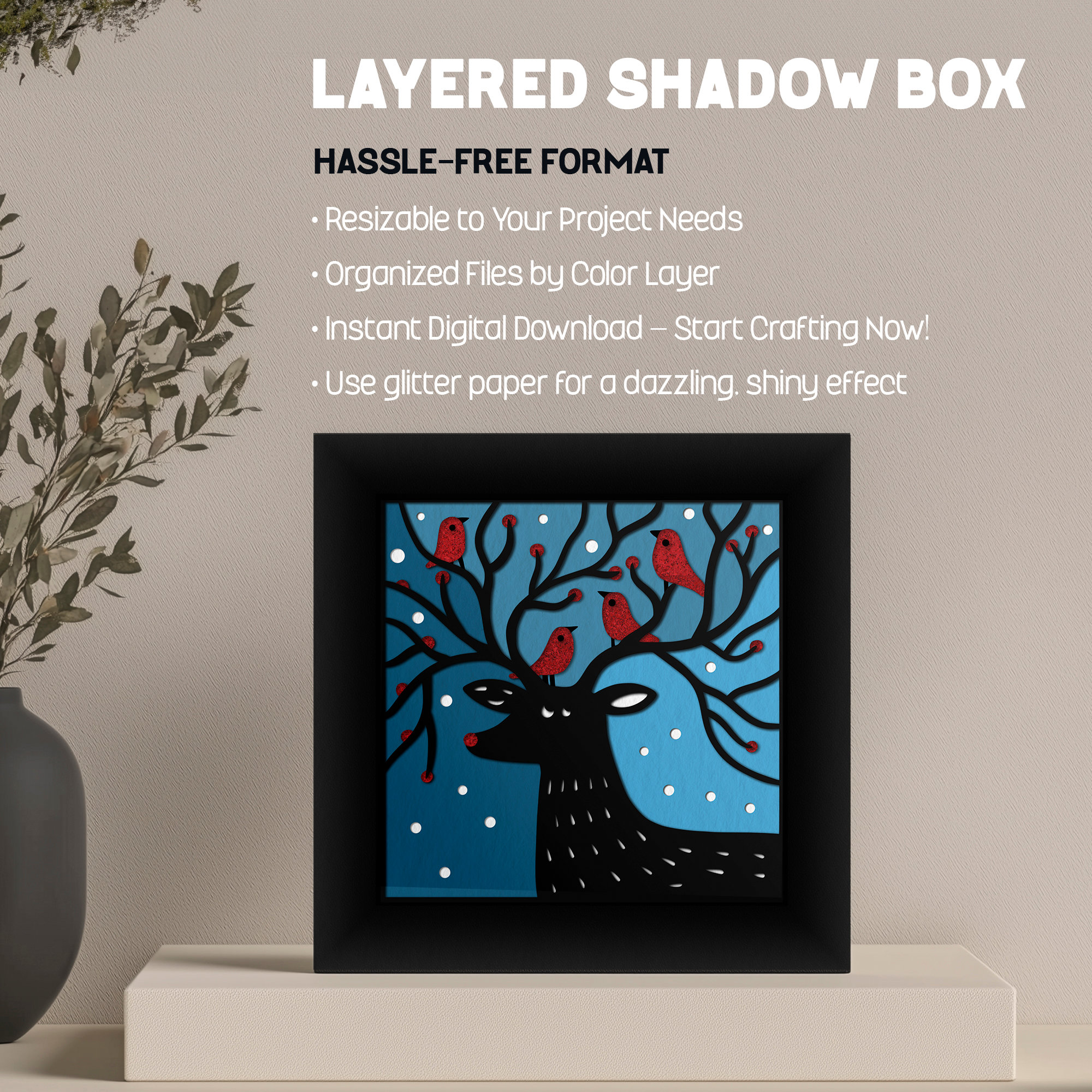 Shadowbox Christmas Deer in a finished frame