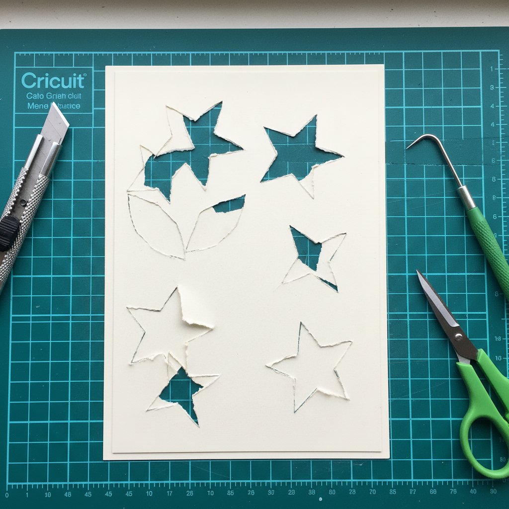 Close-up of paper cutting mistakes on cardstock showing torn edges and incomplete cuts from dull blade