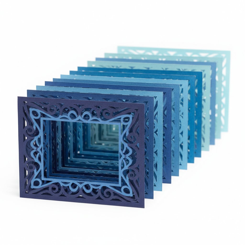 A neat row of identical cut cardstock shadow box layers in graduated blue tones laid out in order