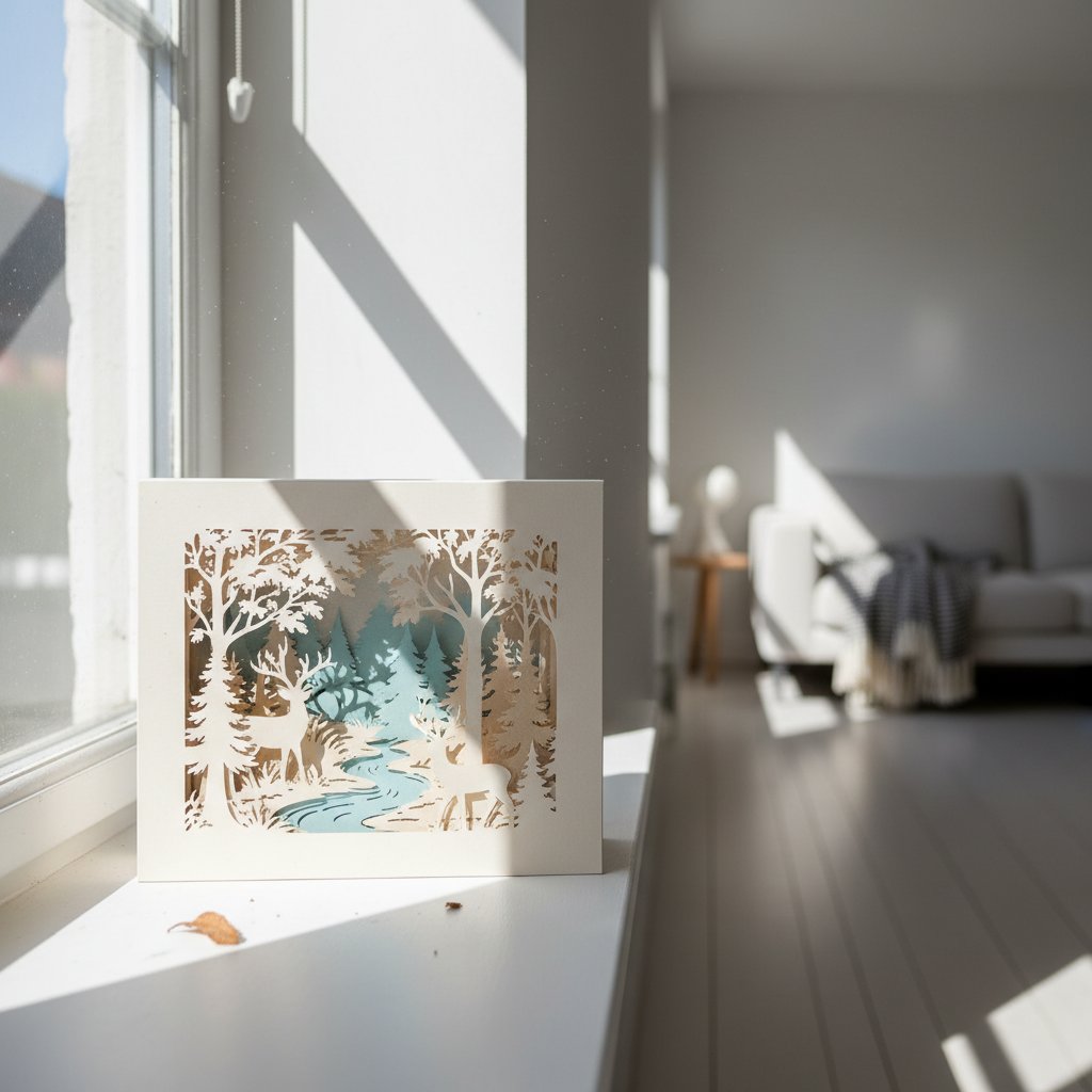Paper-cut shadow box on a sunny windowsill with harsh direct sunlight streaming onto it