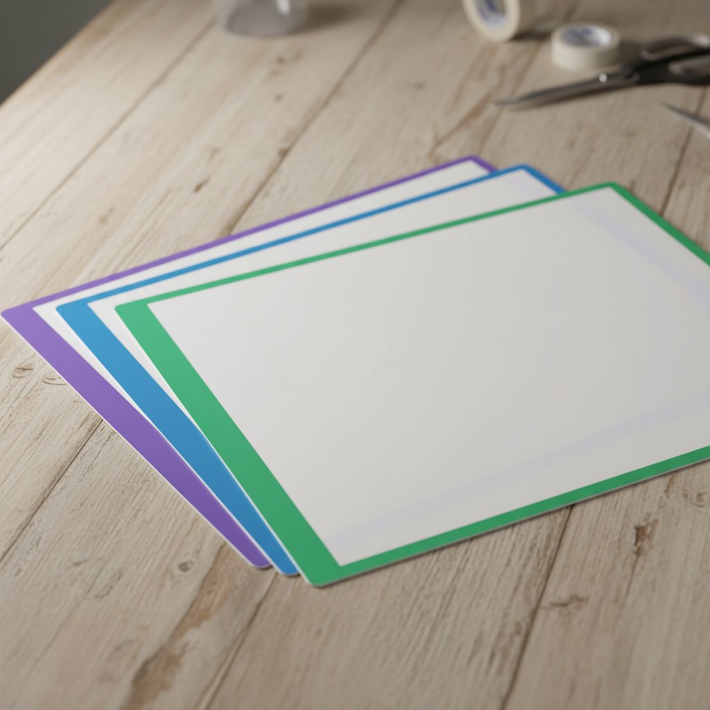Three cutting mats in blue green and purple grip colors fanned out on a wood craft table