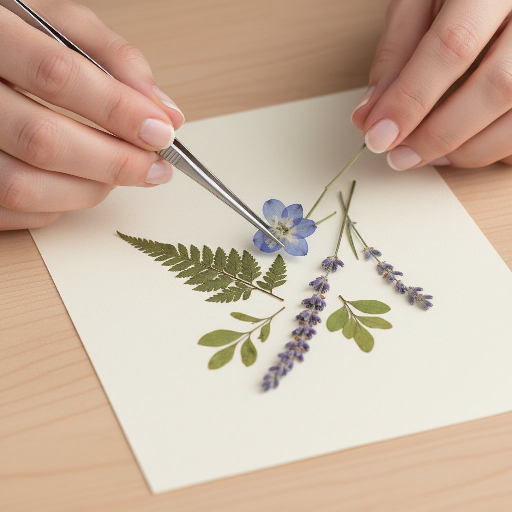 Hands using tweezers to arrange pressed flowers and leaves onto acid-free backing for a botanical shadow box