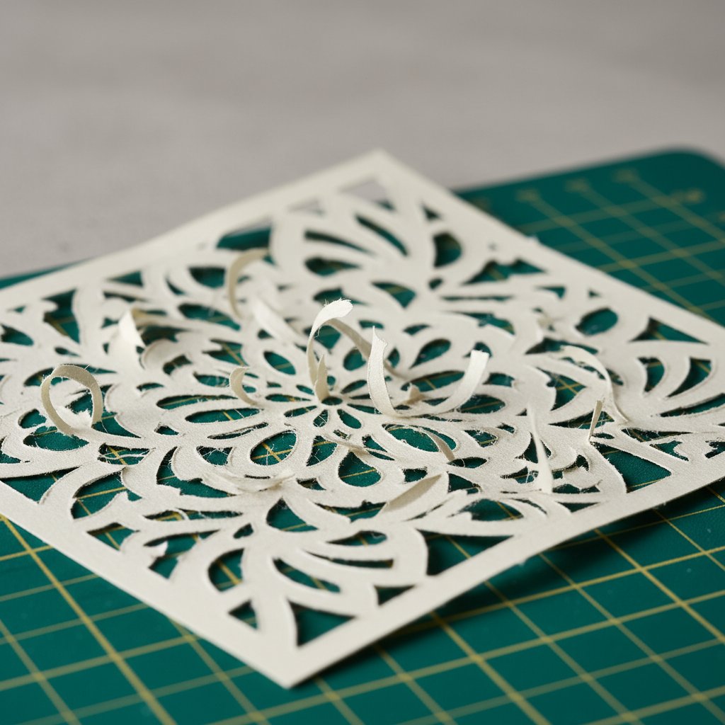 Torn and ragged poorly-cut cardstock design with incomplete cuts and lifted fibers on a cutting mat