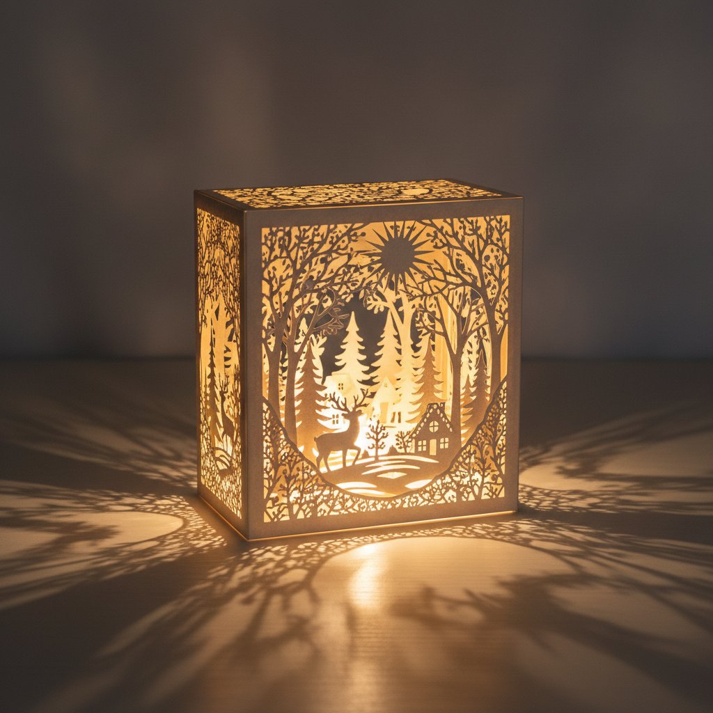 Layered paper-cut shadow box glowing with warm even LED backlighting in a dim room