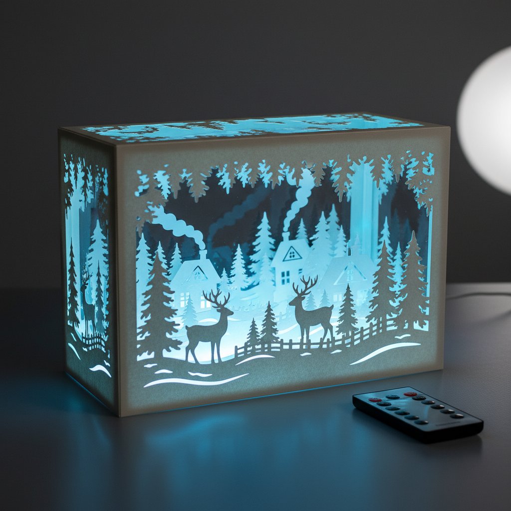 A paper-cut winter shadow box illuminated with cool blue RGB LED lighting glowing through the cut layers