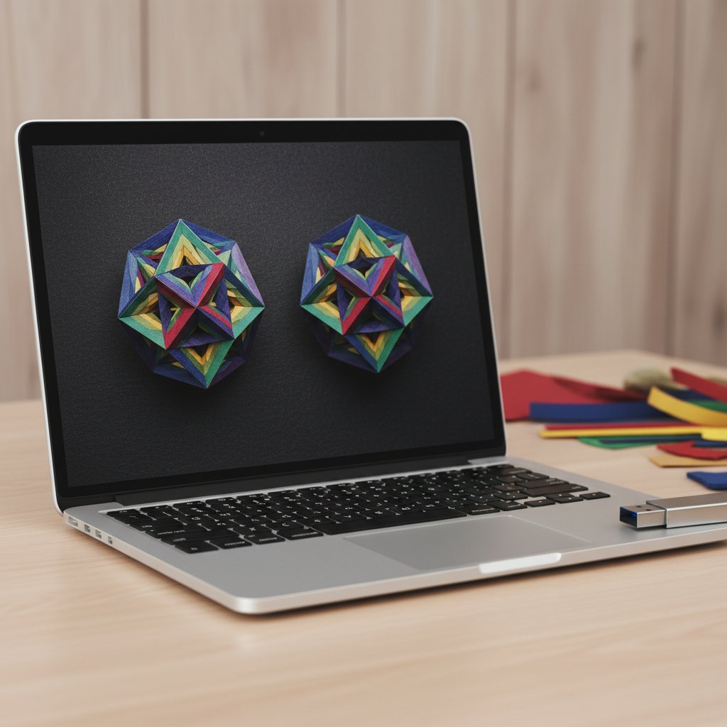 A laptop showing two identical colorful abstract paper-craft shapes side by side on a dark canvas with a USB flash drive on the desk