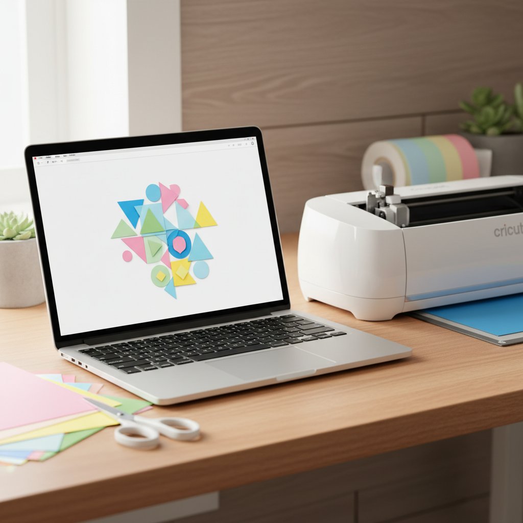 An open laptop on a craft desk beside a cutting machine showing colorful abstract layered paper-craft shapes on screen