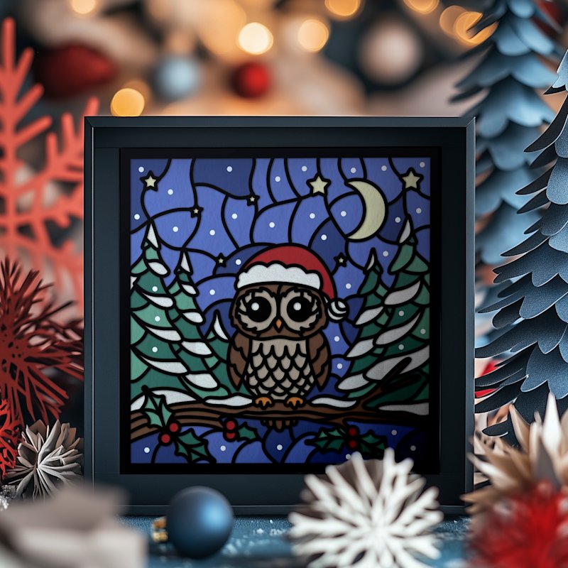 Christmas Shadow Box Owl: 3D Stained Glass Gift Card - Image 06