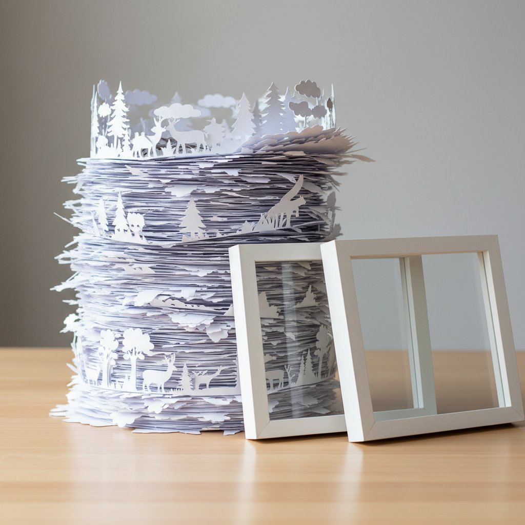 Tall stack of layered paper-cut sheets too deep to fit a shallow shadow box frame beside it