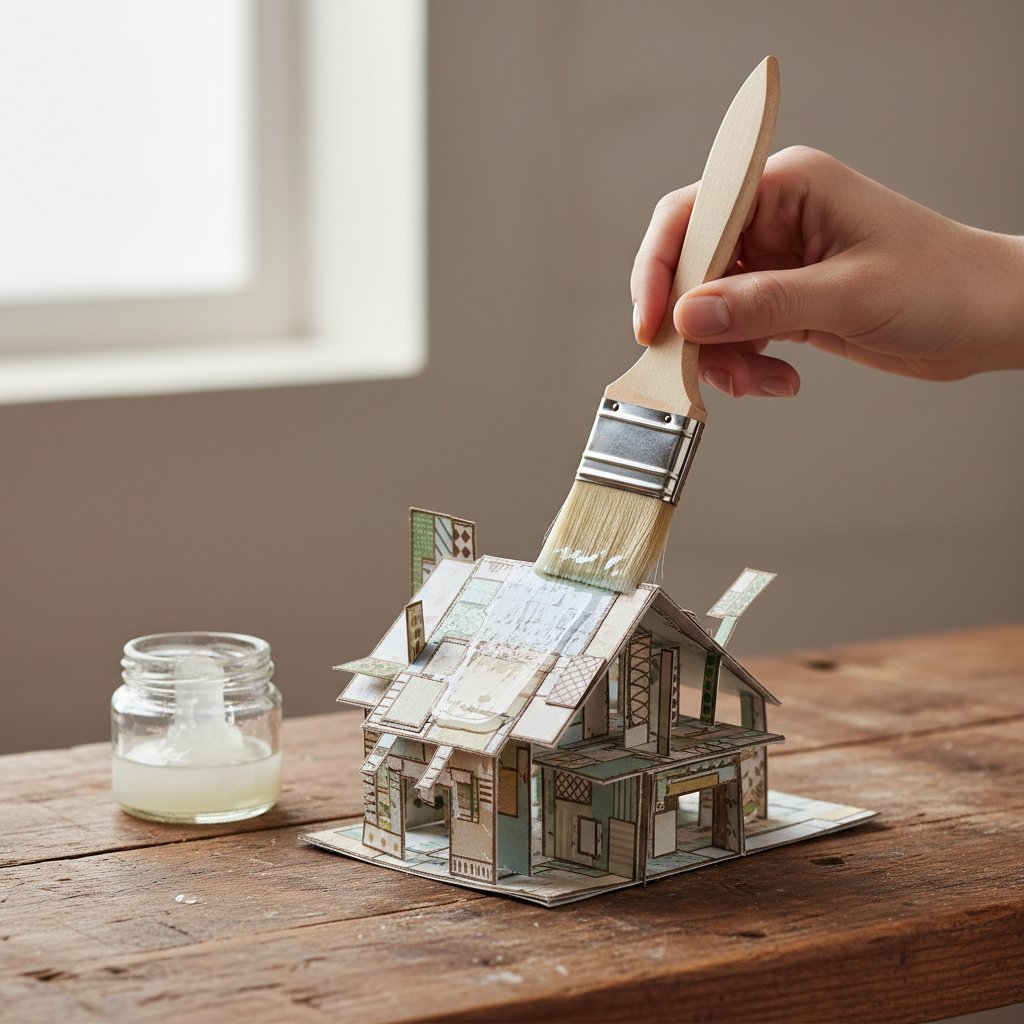 A hand brushing clear sealer over a layered paper craft piece on a workbench with an open jar of medium nearby