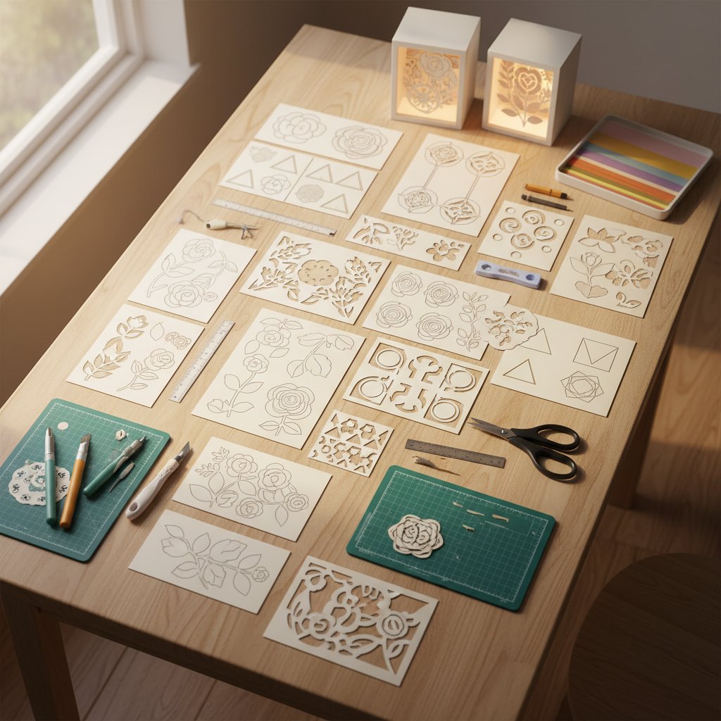 Various beginner-friendly paper cut shadow box design templates displayed on a craft table showing simple floral and geometric patterns