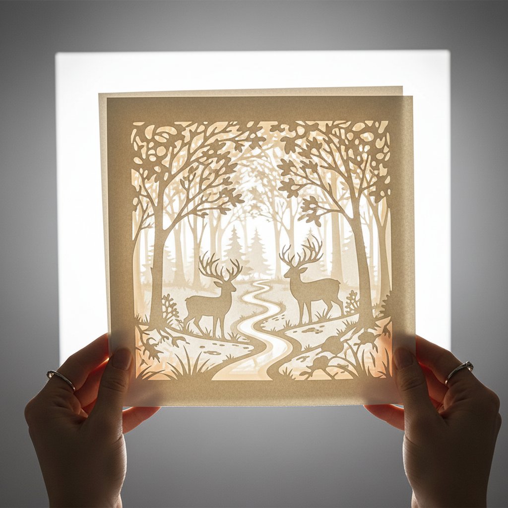 Assembled layered paper-cut design held up against a bright light to check layer alignment through the cutouts
