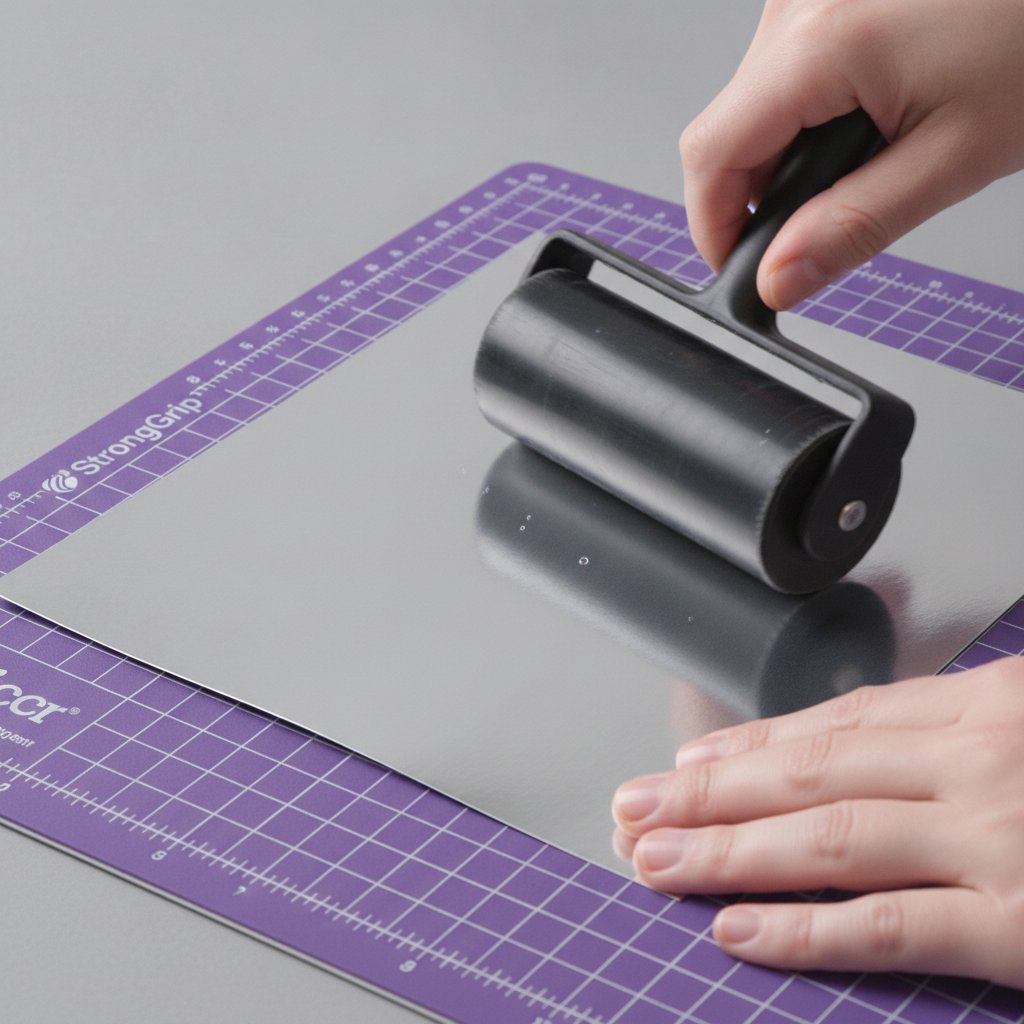 A sheet of silver metallic cardstock smoothed onto a purple StrongGrip cutting mat with a brayer roller for even adhesion