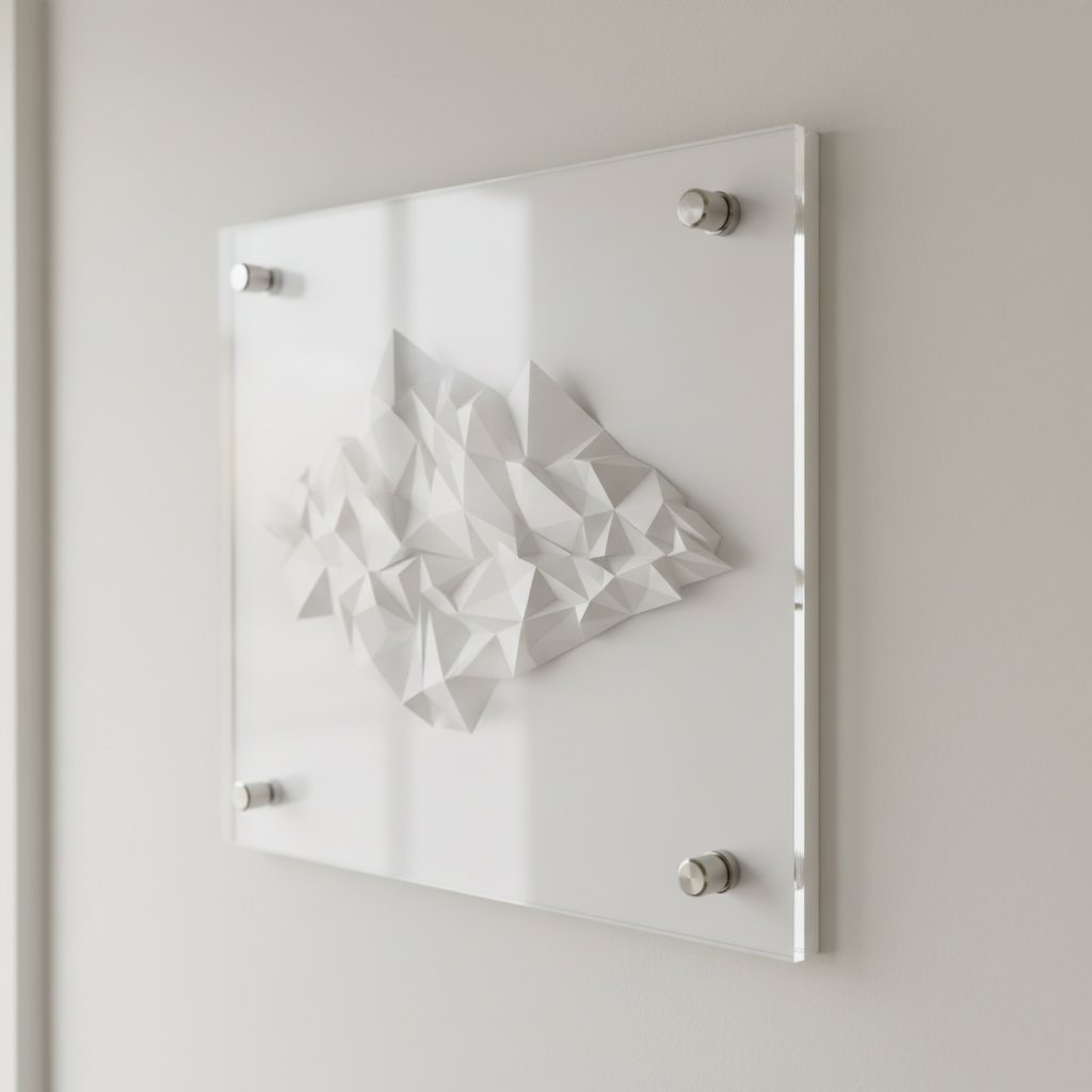 Paper art held between a clear acrylic panel and backing board for framing