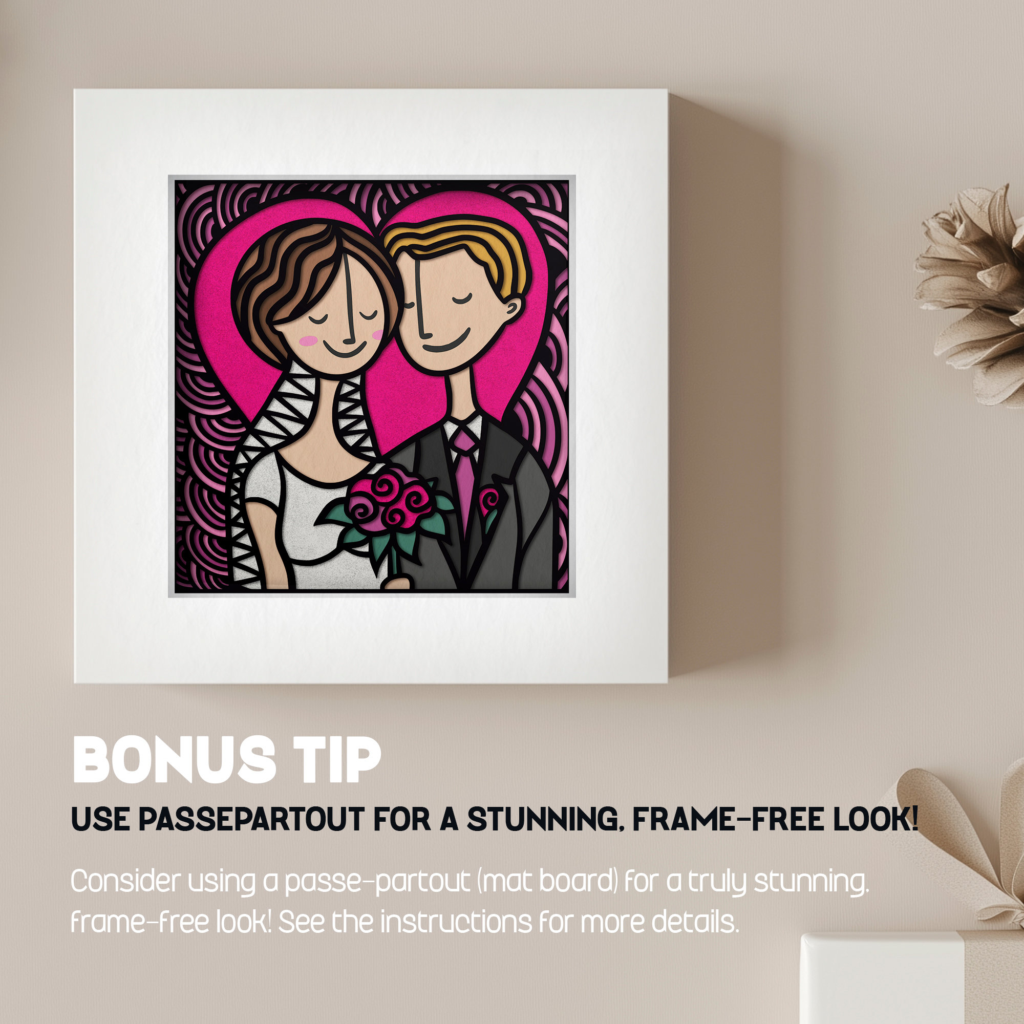 Wedding Anniversary Shadowbox — assembled piece showing dramatic layered depth with the stained-glass pattern creating visual separation between groom and bride elements