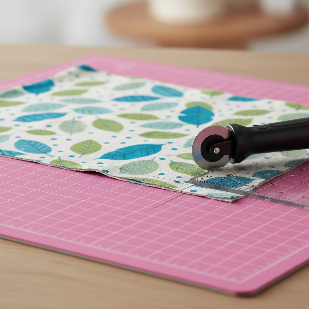 A pink FabricGrip cutting mat holding patterned cotton fabric ready for cutting
