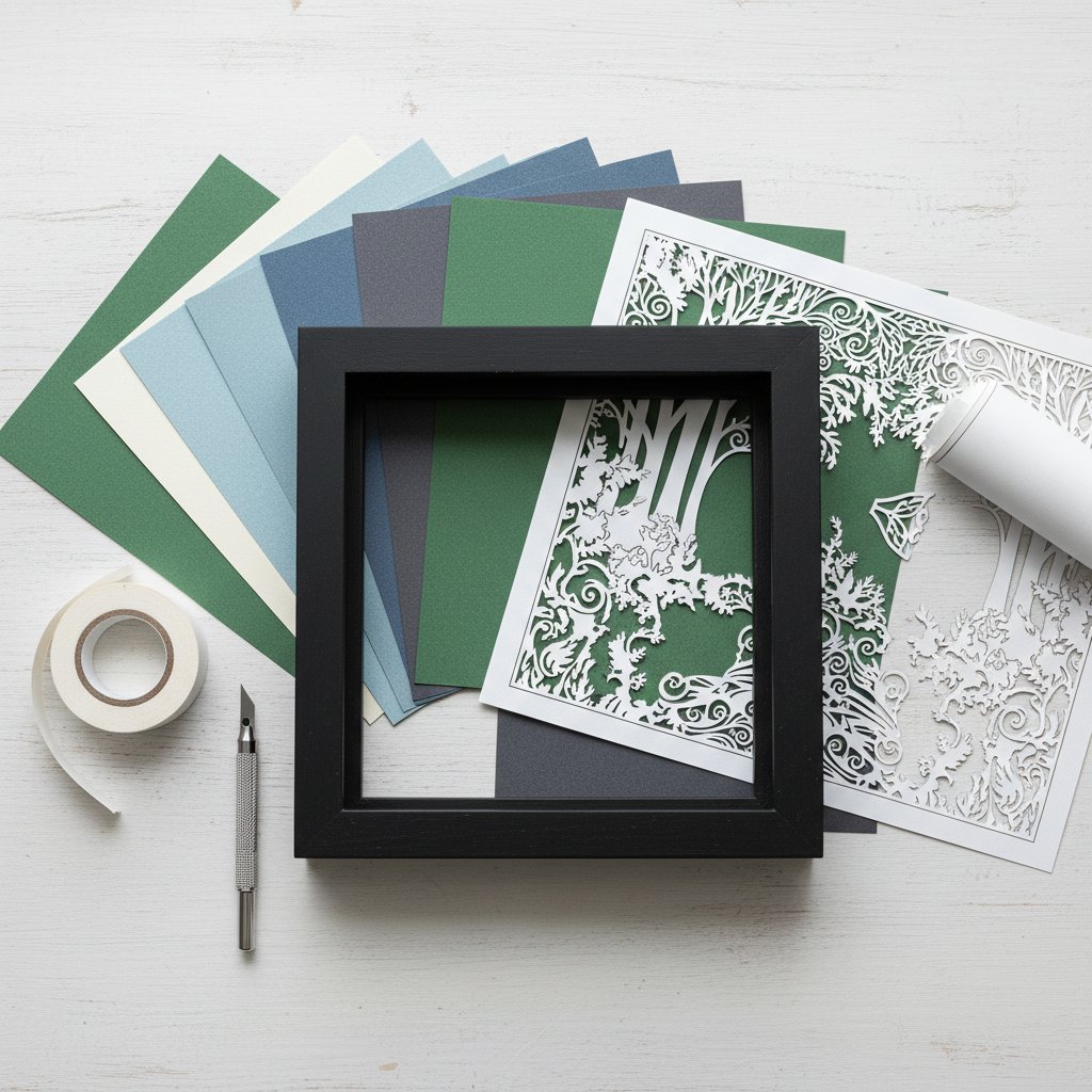 Overhead flat lay of shadow box supplies including a deep frame cardstock foam tape craft knife and a papercut template