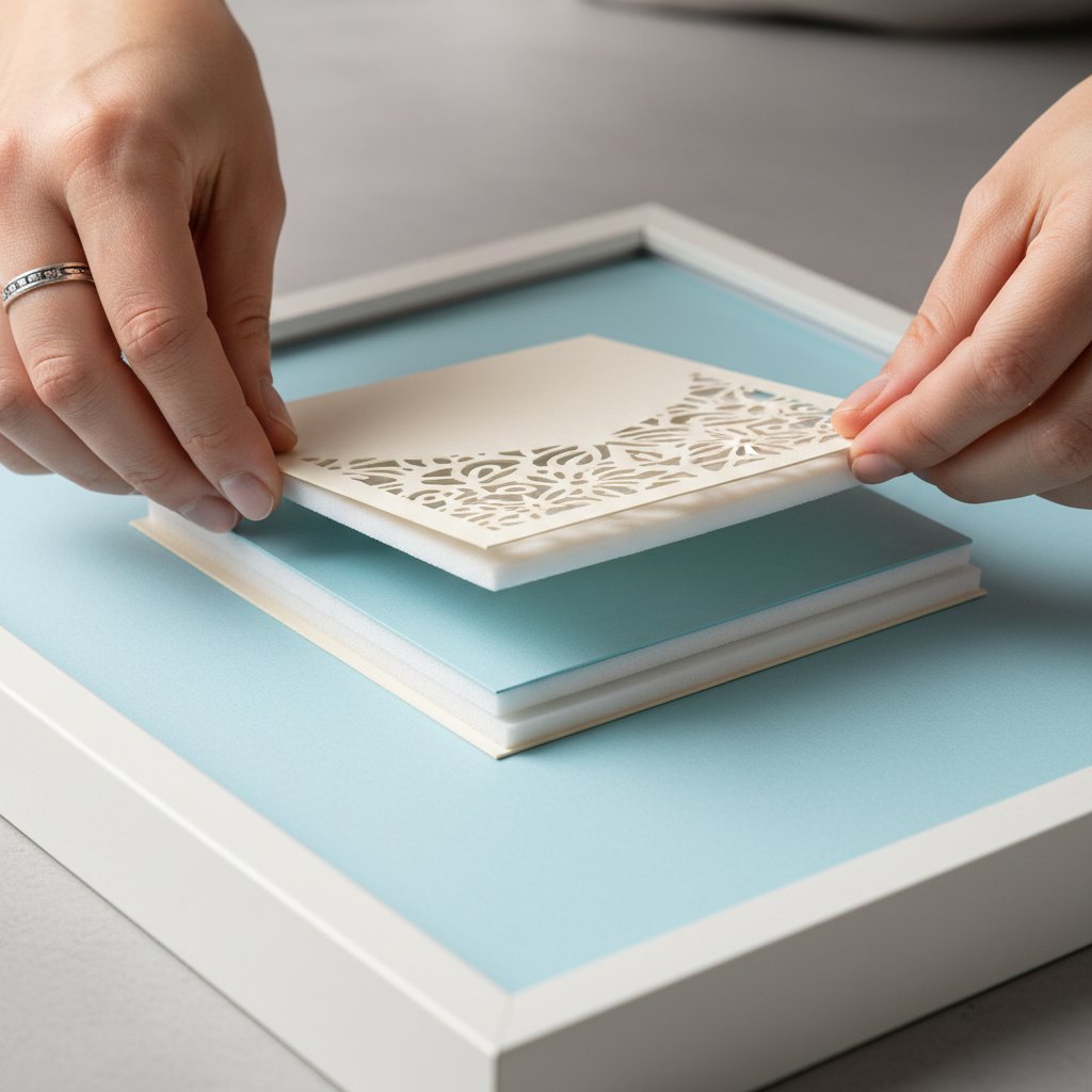 Hands pressing a cut cardstock layer onto another inside a shadow box frame with foam spacers creating depth