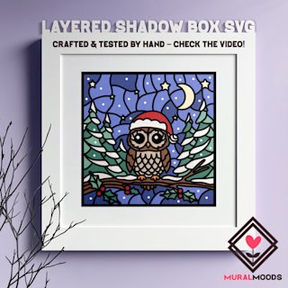 Christmas Shadow Box Owl: 3D Stained Glass Gift Card, New Year Layered Papercut Template