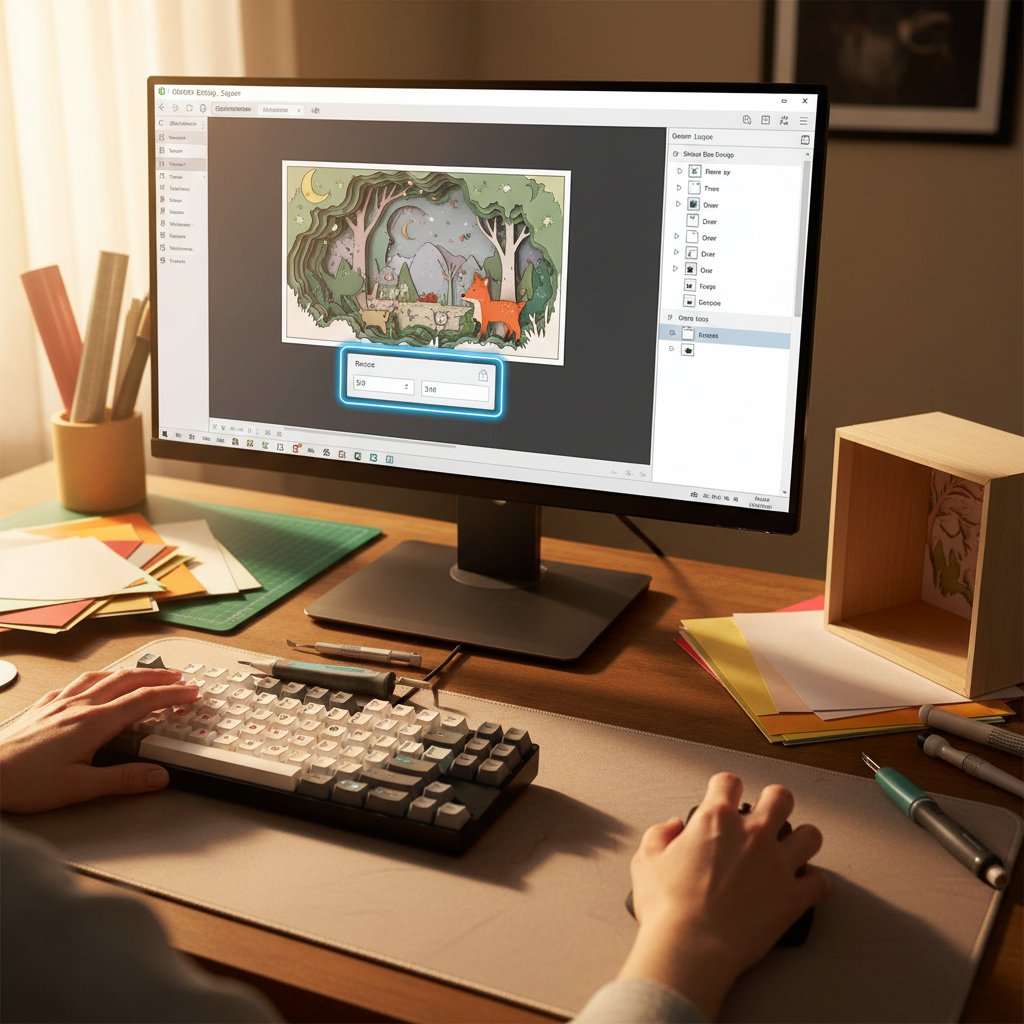 Cricut Design Space software interface showing layered shadow box SVG with resize controls and grouped layers for proper scaling