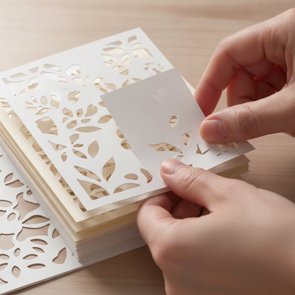 Stacked layered papercut shadow box cardstock layers being aligned by hand showing a slight registration offset