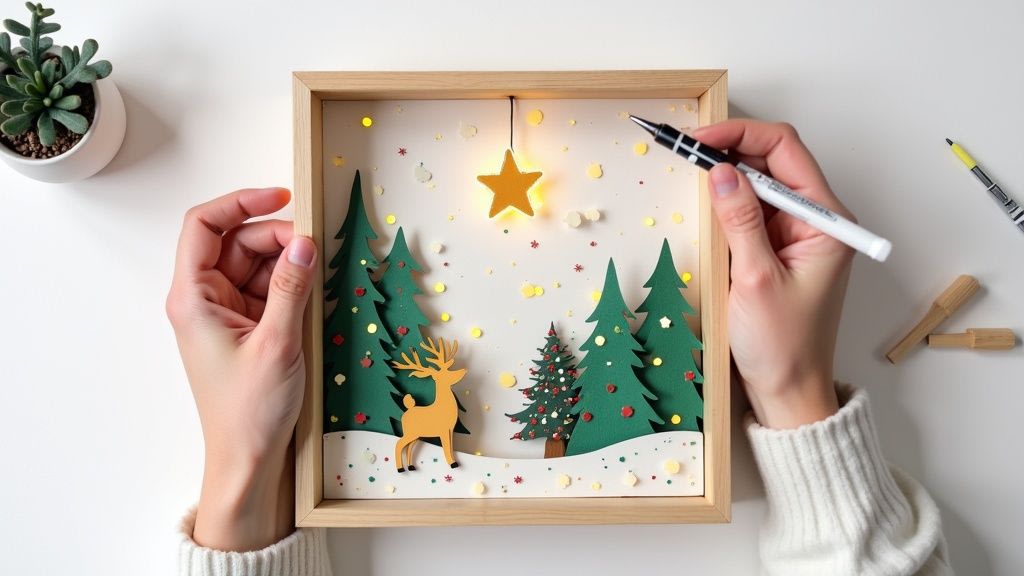 Person creating handmade Christmas shadow box craft with paper trees, deer, and star decorations