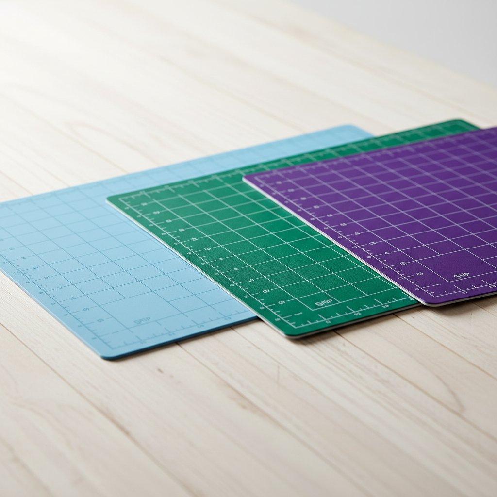 Three colored cutting mats in light blue, green and purple grip levels fanned on a wood surface