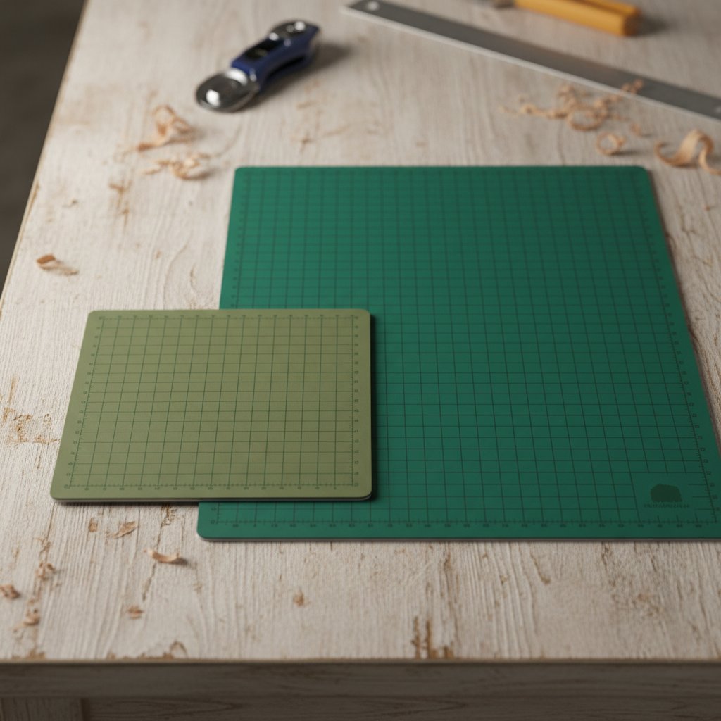 A small square cutting mat beside a larger long rectangular cutting mat on a wood table