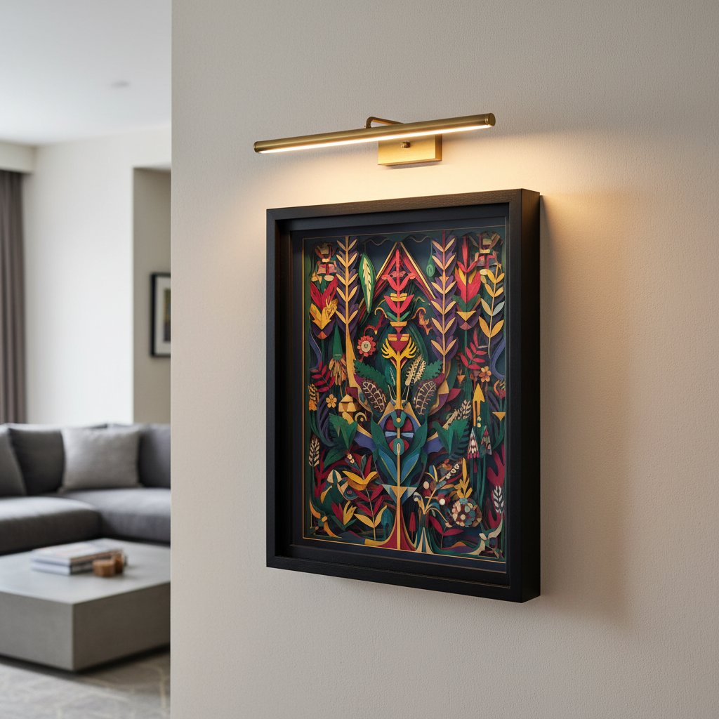 A vibrant well-preserved layered paper shadow box with rich colors displayed on an interior wall under a soft LED picture light