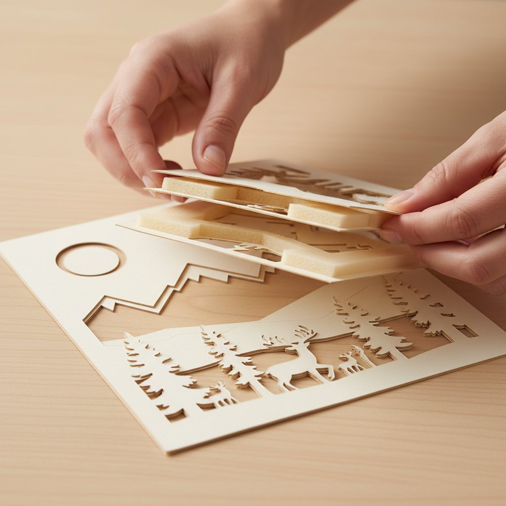 Hands stacking layered cardstock shadow box layers with foam spacers during assembly